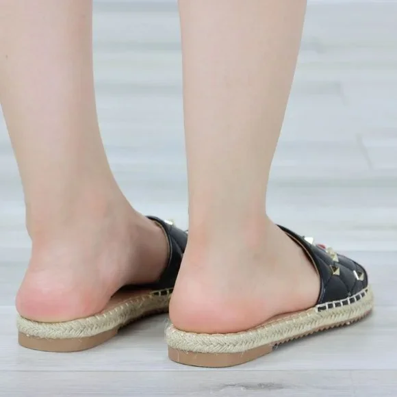 Black Flat Sandal Slip On Sliders Trendy Espadrille Gold Studs Quilted Toe Band - Picture 7 of 13